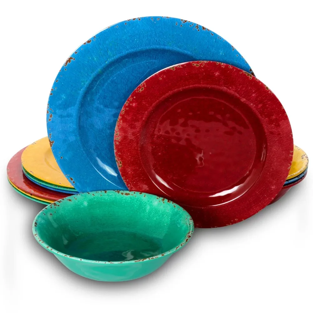 

12-Piece Melamine Dinnerware Set in 4 Assorted Crackle Decal Colors