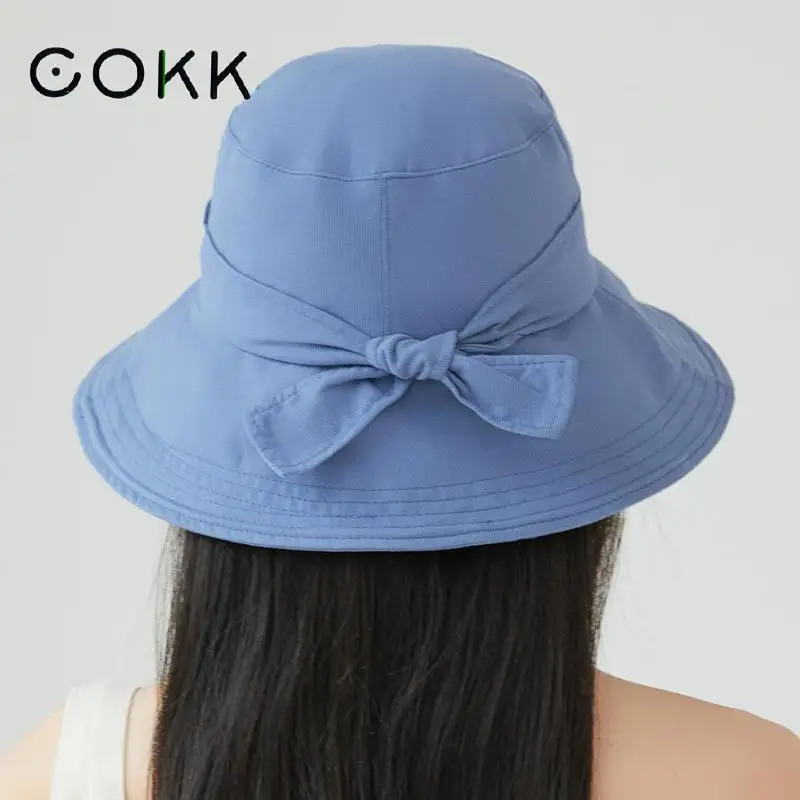 COKK Bucket Hat Women Cotton Summer Sunshade Fisherman Hat With Bow Solid Simple Casual Ladies Hats Korean Caps Gorros New