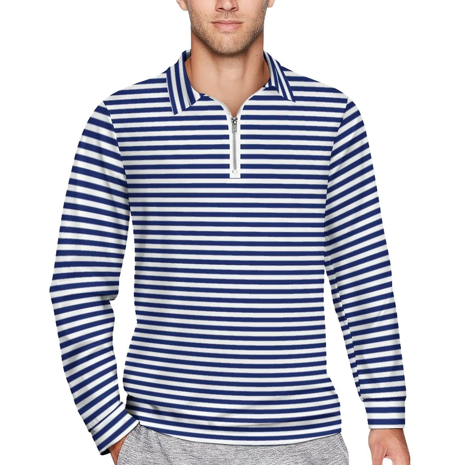 

Classic Stripes Loose Polo Shirts Mens Navy Blue and White Long Sleeve Casual T-Shirts Trendy Spring Pattern Shirt Plus Size 5XL