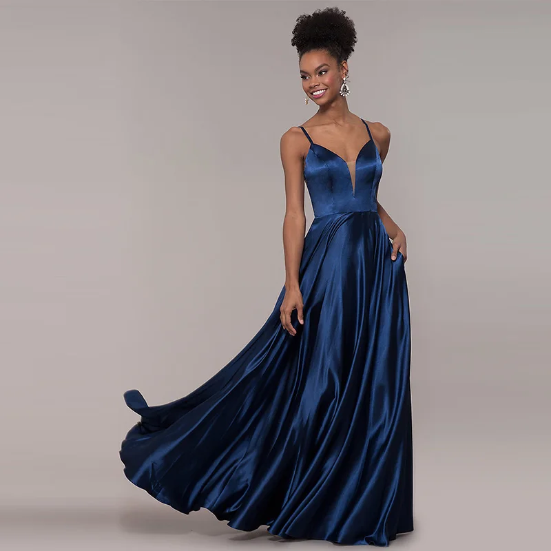 

Banquet Navy Blue Long Satin Prom Dress for Wedding Party Spaghetti Straps A-Line Backless V-neck Custom-made Size OEM