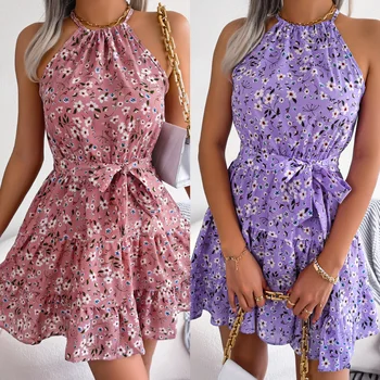 Summer Women Beach Mini Ruffle Dress Hanging Neck Girls Short Dress Off Shoulder Floral Boho Dresses Elegant Vintage Dress 1