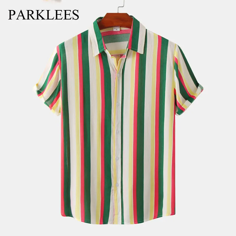 

Parklees Mens Vertical Striped Hawaiian Shirt Casual Short Sleeve Button Down Beach Shirt 2022 Holiday Party Aloha Chemise Homme