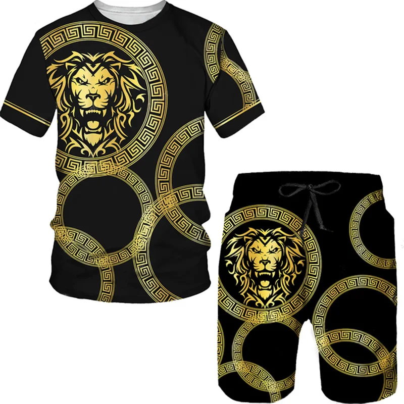 Summer Men's Tracksuit Short Sleeve T Shirt Suit The Lion King 3D Printed 2 Piece Set Outfits Oversized Harajuku Men Clothing