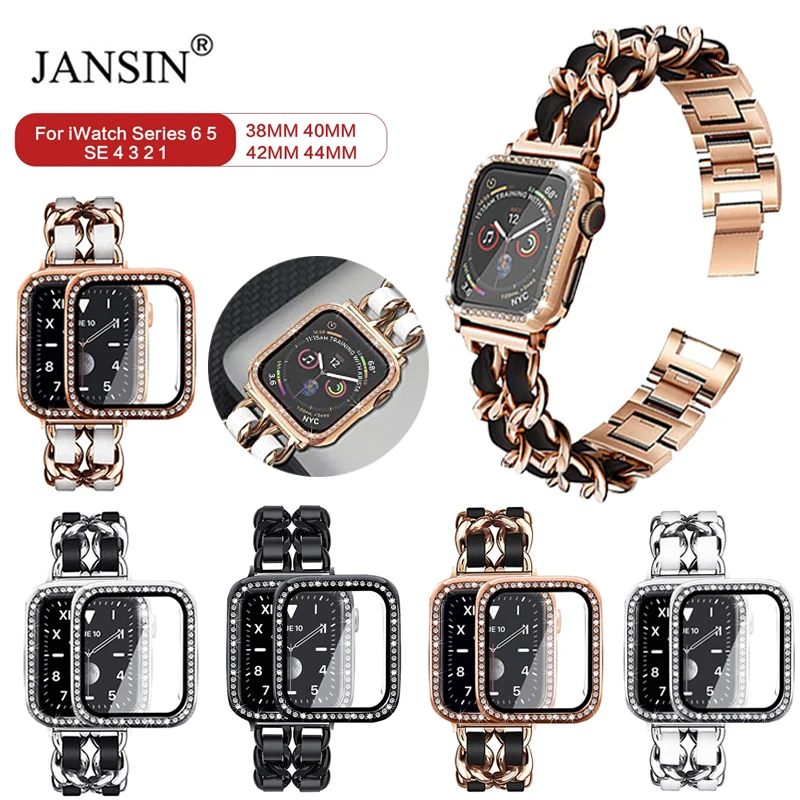 

Diamond Bumper+Watch Band For Apple Watch 42mm 38mm Leather Bands with Stainless Steel Bracelet For iWatch 41mm 45mm 40MM 44MM