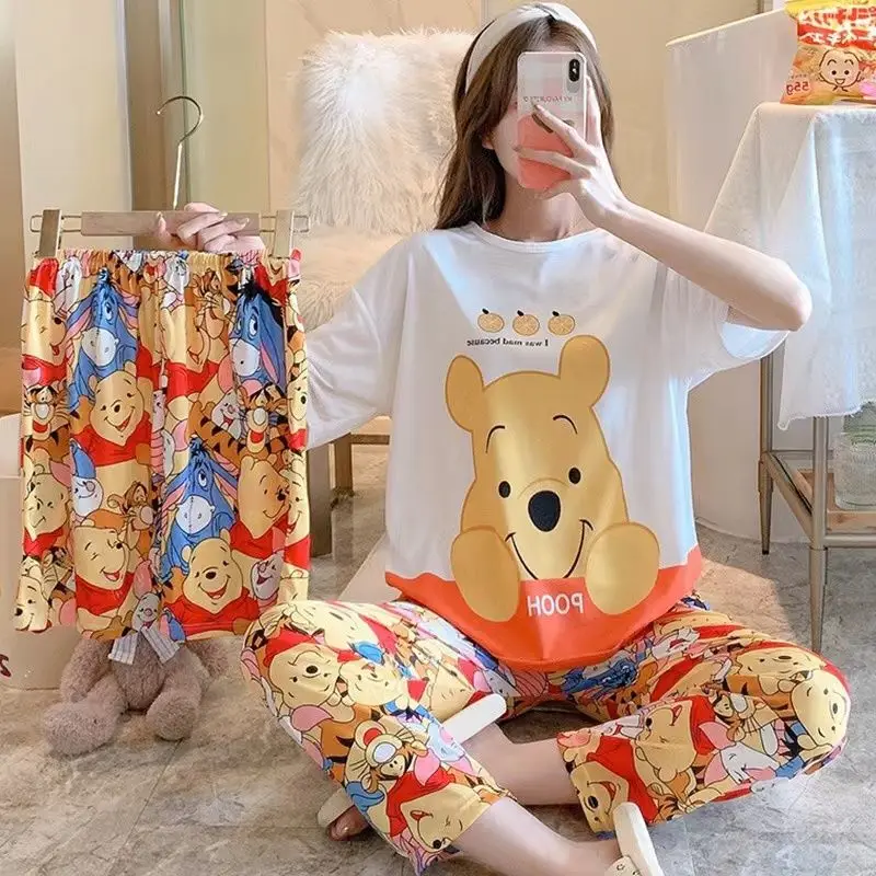 

Disney Winnie the Pooh Women's Pajamas with Shorts Trouser Suits Cartoon Three-piece Sleepwear Set Home Suit Pijama Mujer