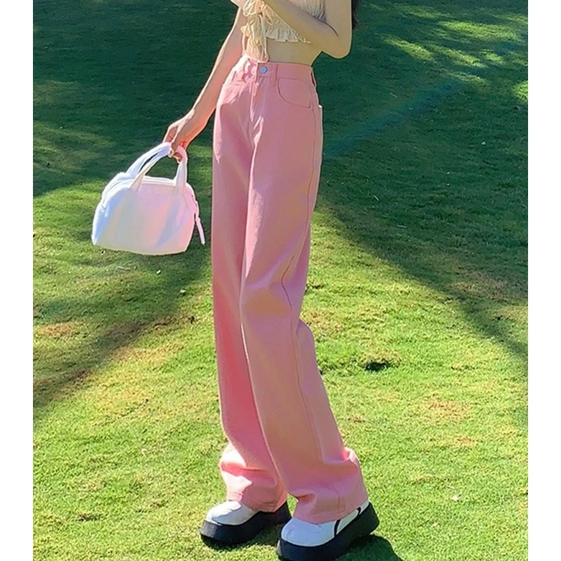 

Women Pink Jeans Vintage High Waist Korean Fashion Streetwear Style Wide Leg Jean Female Baggy Trouser Straight Denim Pants