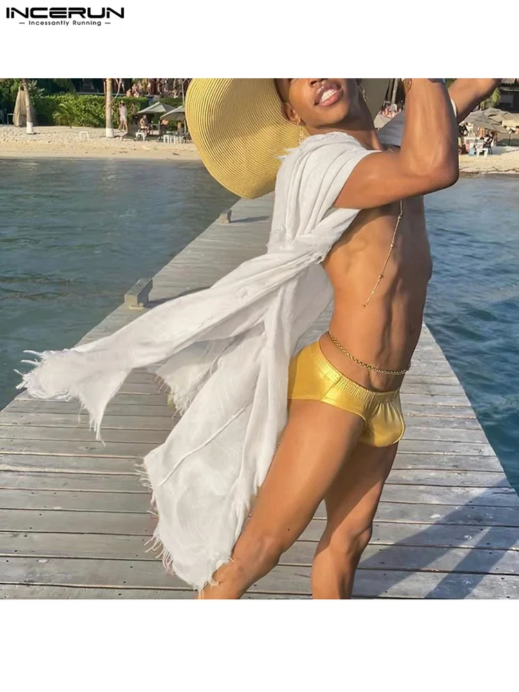 

Fashion Hot Sale Men's Tops INCERUN Solid Comfortable Stitching Fringed Blouse Male Loose Mid-sleeve Cardigan Shirts S-5XL 2022