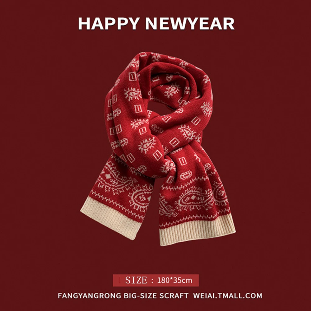 New Year Christmas Plaid Knit Red Scarf Female Winter Snowflake Warm Soft Long Wrap Shawl All-Match Imitation Cashmere Scarves