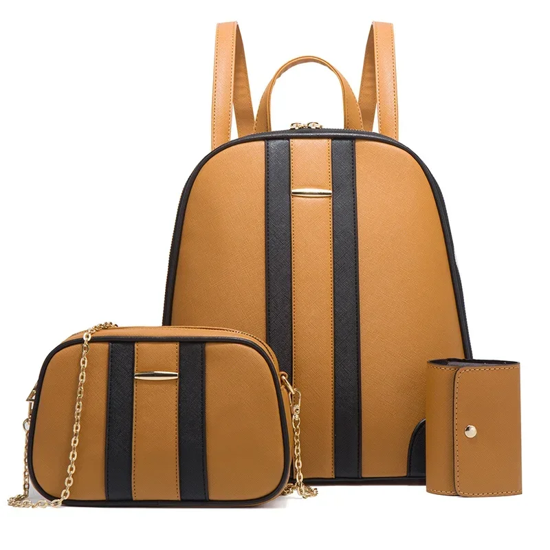

TRAVEASY 2023 Color Contrast 3 Pcs Set Women's Bag Striped Design Hard PU Leather Lady Purses Shoulder Bags and Backpacks Set