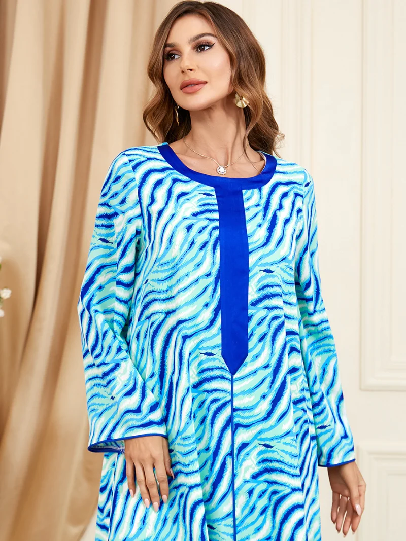 Ramadan Jalabiya Modest Muslim Moroccan Kaftan Dubai Turkey Wave Print Casual Maxi Long Dress For Women Eid-al-Adha 2023 New