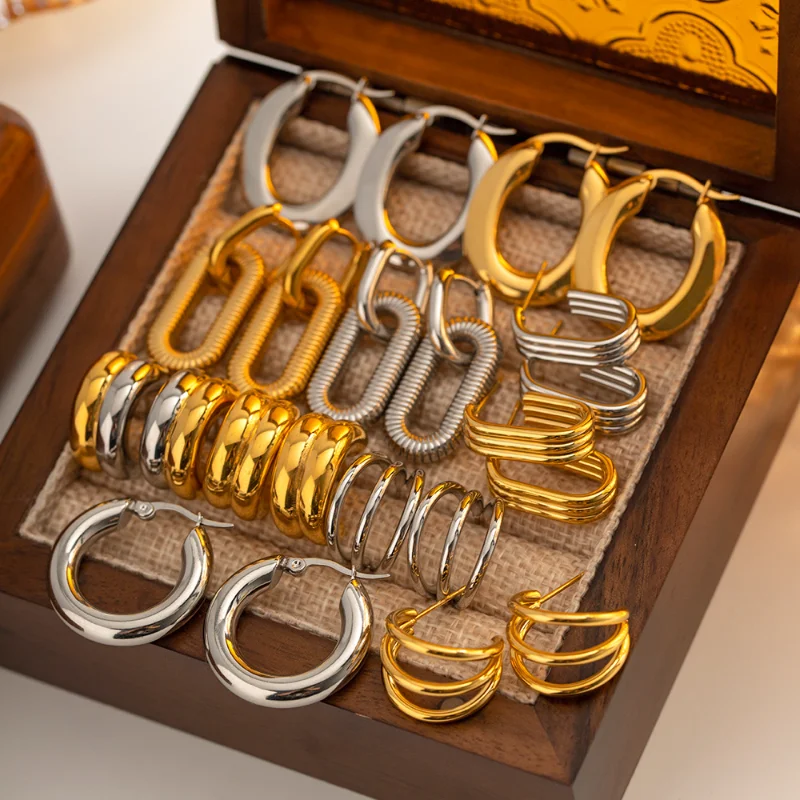 

Minar Trendy Multiple Geometric C Shaped Chunky Hoop Earrings for Women Gold Silver Plated Stainless Steel Non Tarnish Earring