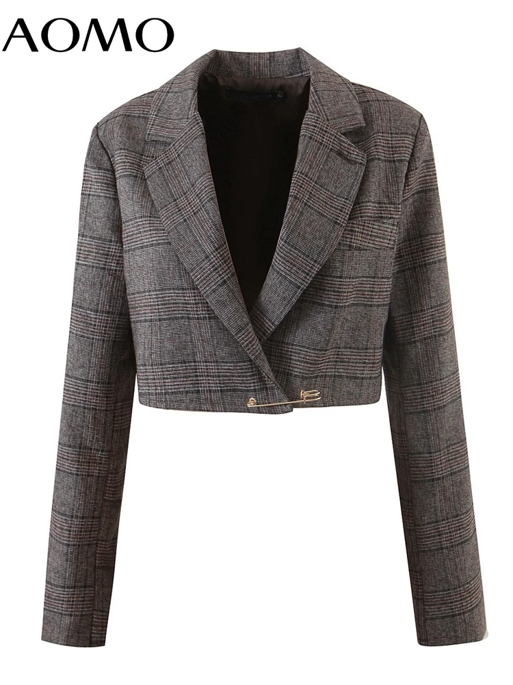 

AOMO Women Vintage Plaid Short Blazer Female Long Sleeve Elegant Jacket Ladies Crop Blazer Suits 1J53A