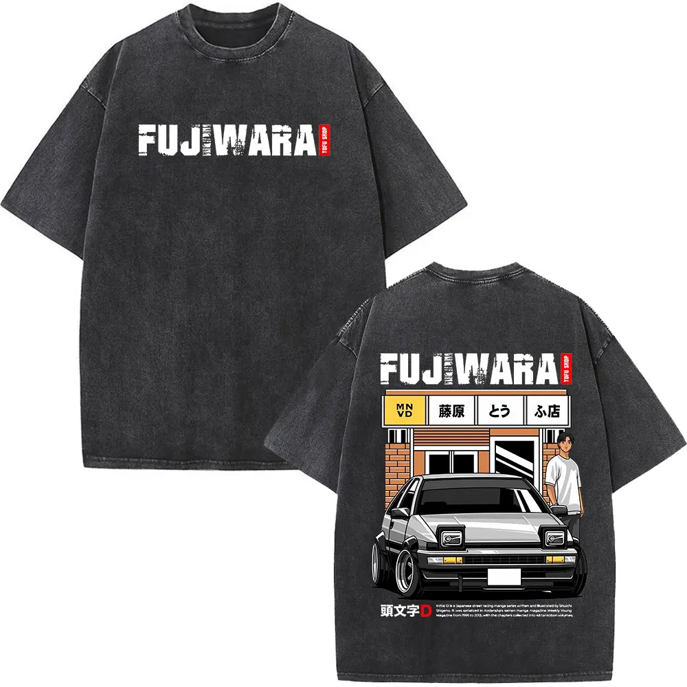 Винтажная промытая футболка с коротким рукавом аниме инициалом D Drift AE86 Takumi Fujiwara