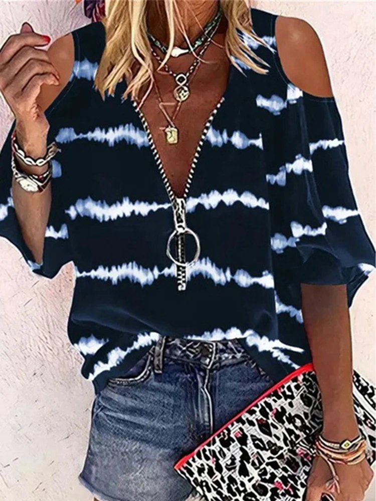 

Women Elegant Zipper V-Neck Loose Blouse Casual Half Sleeve Hollow Out Party Top Shirt 2022 Vintage Pattern Print Pullover Blusa
