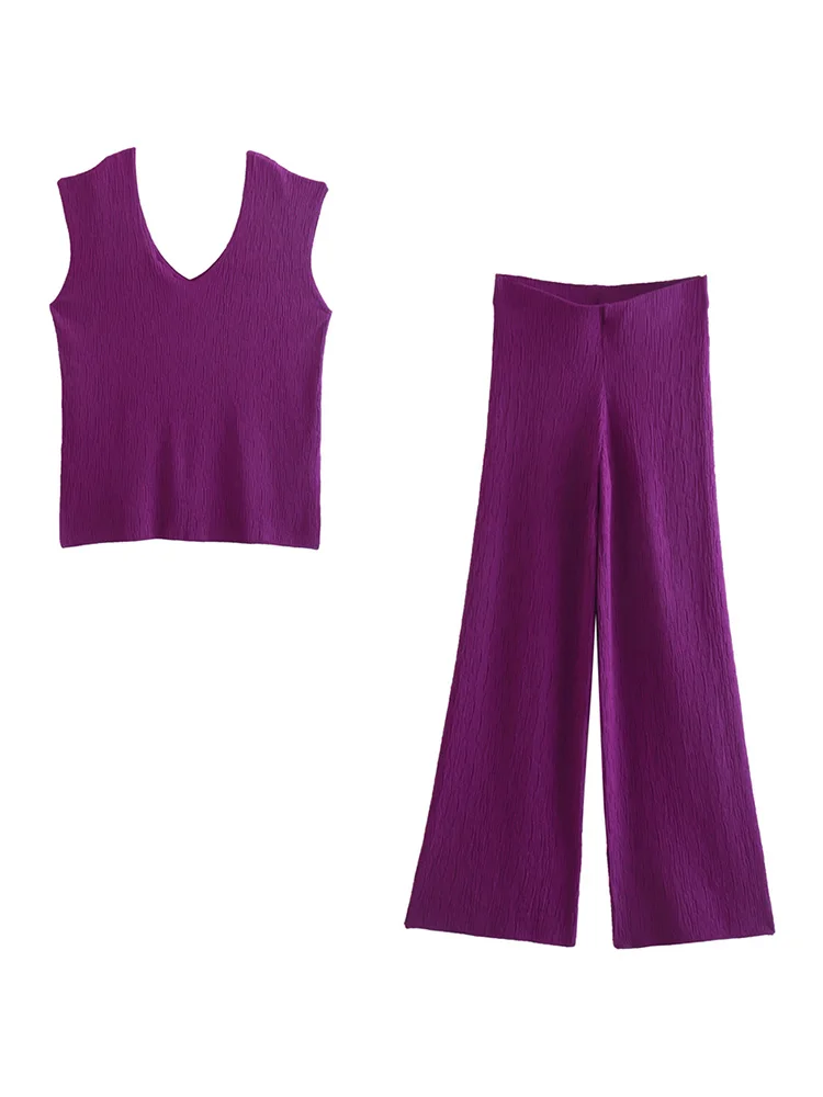 

Elegant Textured Knit Co Ord Set Women V Neck Sleeveless Top And Full Length Pants Sets Casual Two Piece Sets Womens Outfits