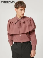 incerun tops 2022 american style new mens bow tie ruffle blouse casual simple long sleeved solid color comfortable shirts s 5xl