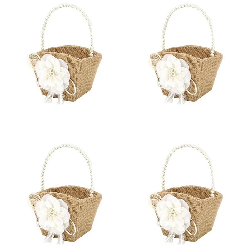 

4X Flower Girl Basket Rustic Burlap For Vintage Rustic Wedding Party Flower Basket With Pearl Handle