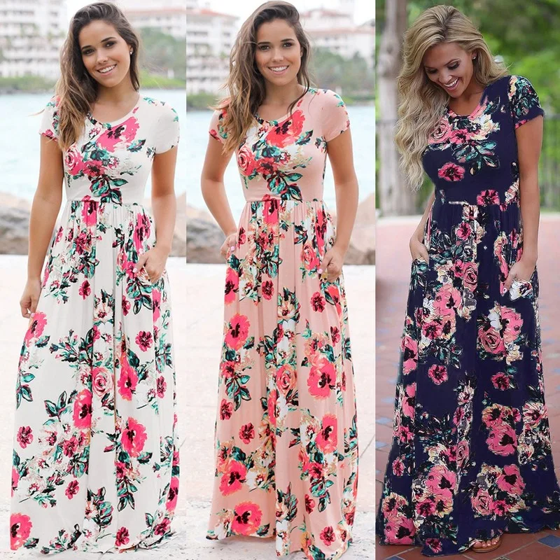 

3XL Women Short Sleeve Floral Print Large Size Long Dress 2021 Autumn Summer Robe Dress Casual O-Neck Maxi Sundress