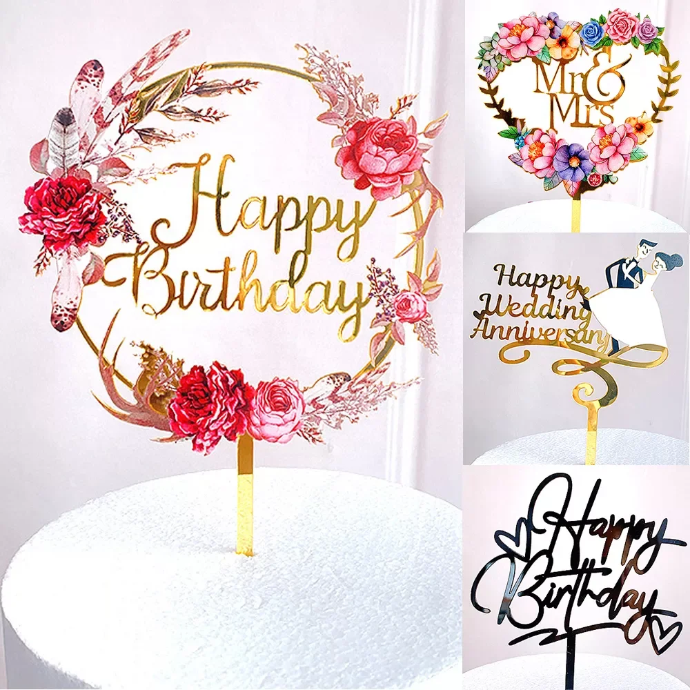 

NEW2023 Flowers Cake Topper Happy Birthday Gold Silver Birthday Party Cake Insert Acrylic Cake Decoration Wedding Cakes Dessert