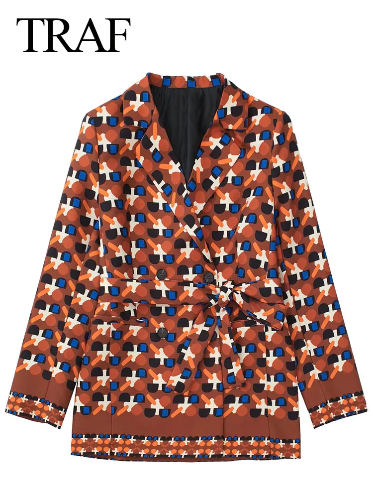 

TRAF Loose Vintage Print Long Sleeve Single Breasted Women Blazer Fashion Casual Premium Commuter Office Daily Lady Blazer