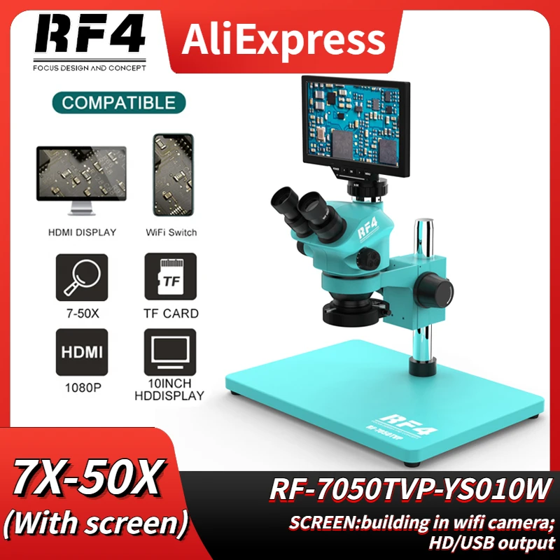 

RF4 Тринокулярный стереомикроскоп, фотографический 10-дюймовый монитор, промышленная лаборатория, фоторемонт