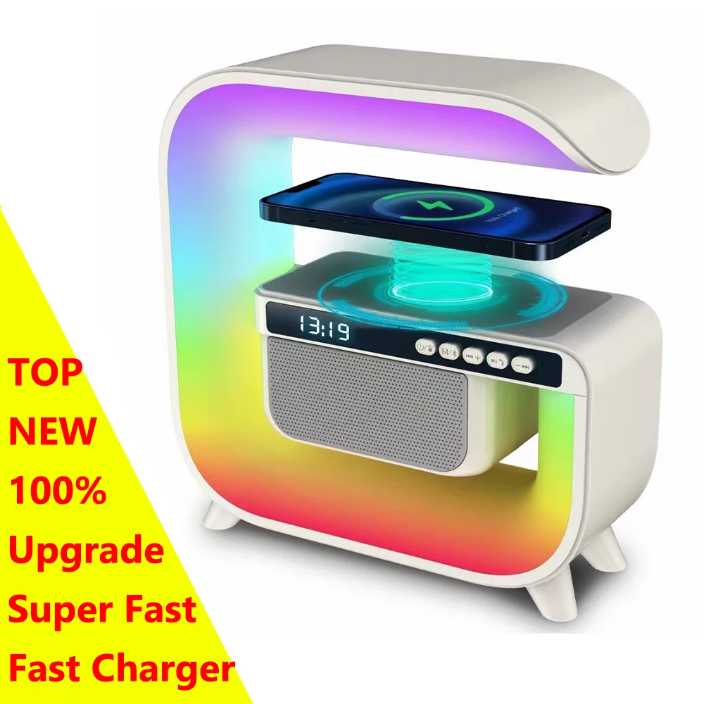 

Беспроводное зарядное устройство с RGB-подсветкой, многофункциональная Bluetooth-колонка, будильник, телефонные зарядные устройства, беспроводная Индукционная Быстрая зарядка 15 Вт