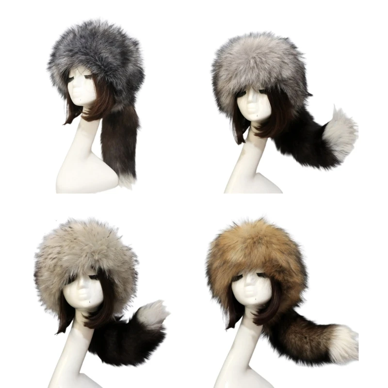 

Russian Style Adult Plush Hat Autumn Winter Round Flat-top Hat Girl Warm Soft Fur Hats Crownless Windproof Headgear