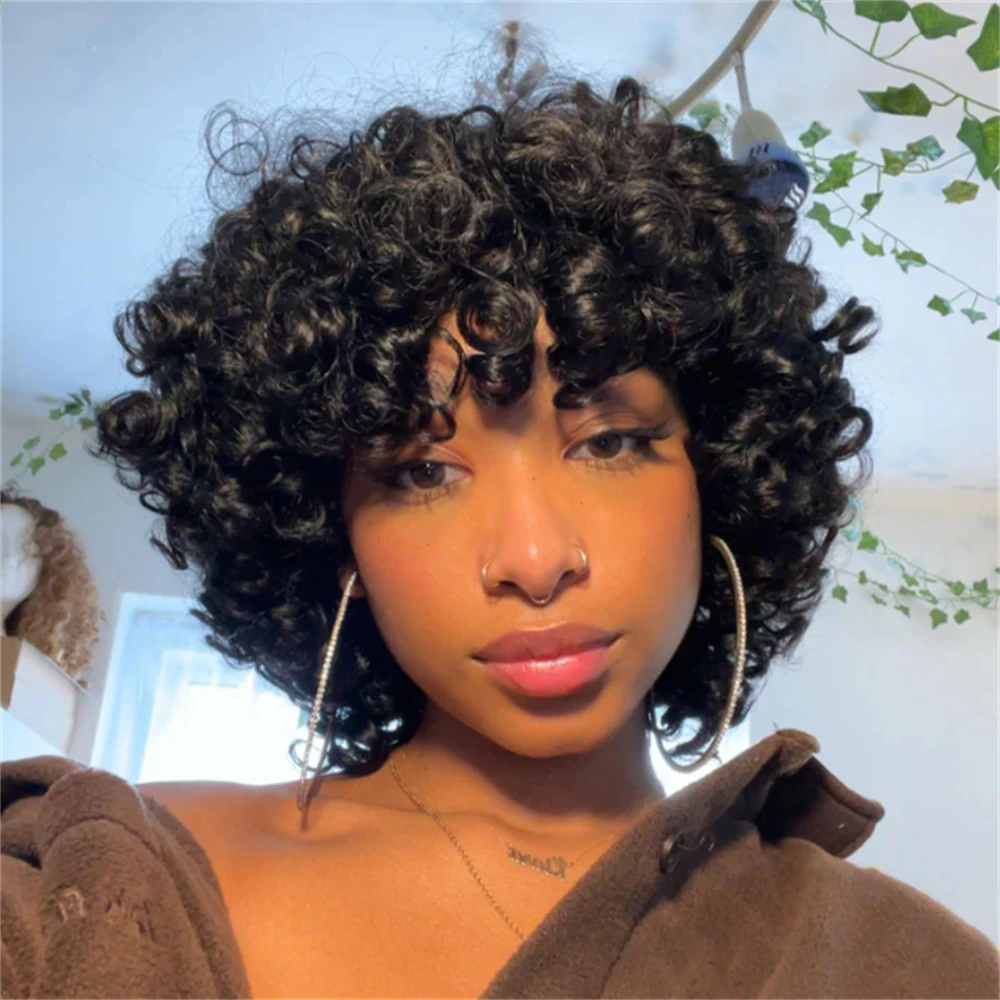 Bouncy Curly Fringe Wig Pixie Cut Wig Short Curly Brazilian Human Hair Wigs For Women Full Machine Wigs Curly Bob Wig With Bangs