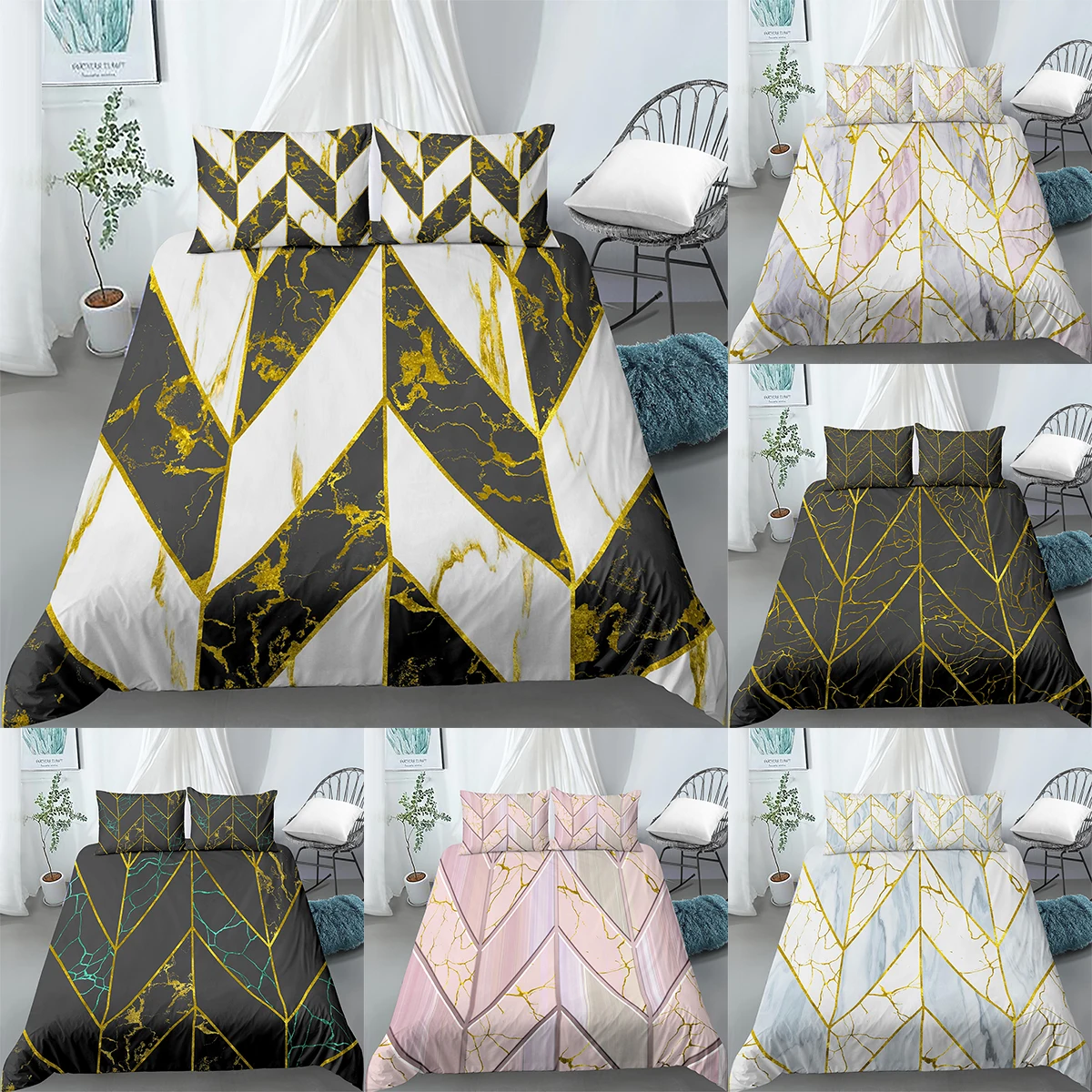

Комплект постельного белья из пододеяльника с мраморным принтом и геометрическим рисунком