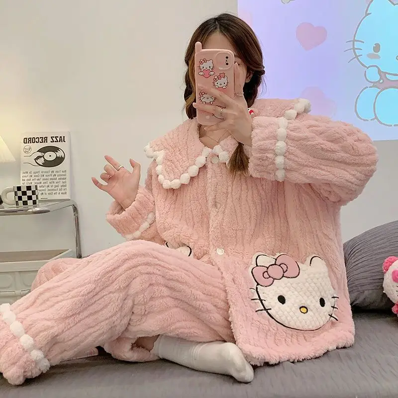 

Kawaii Sanrio Pajamas Hello Kittys Pompom Purin Women's Plush Loungewear Two-Piece Y2K Cardigan Loose Soft Facecloth Pajamas Set