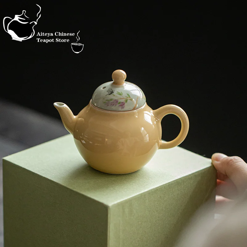 

Apricot yellow Overglaze decoration color hand-painted butterfly teapot Household tea pot Ceramic single pot Chinese Kung Fu tea