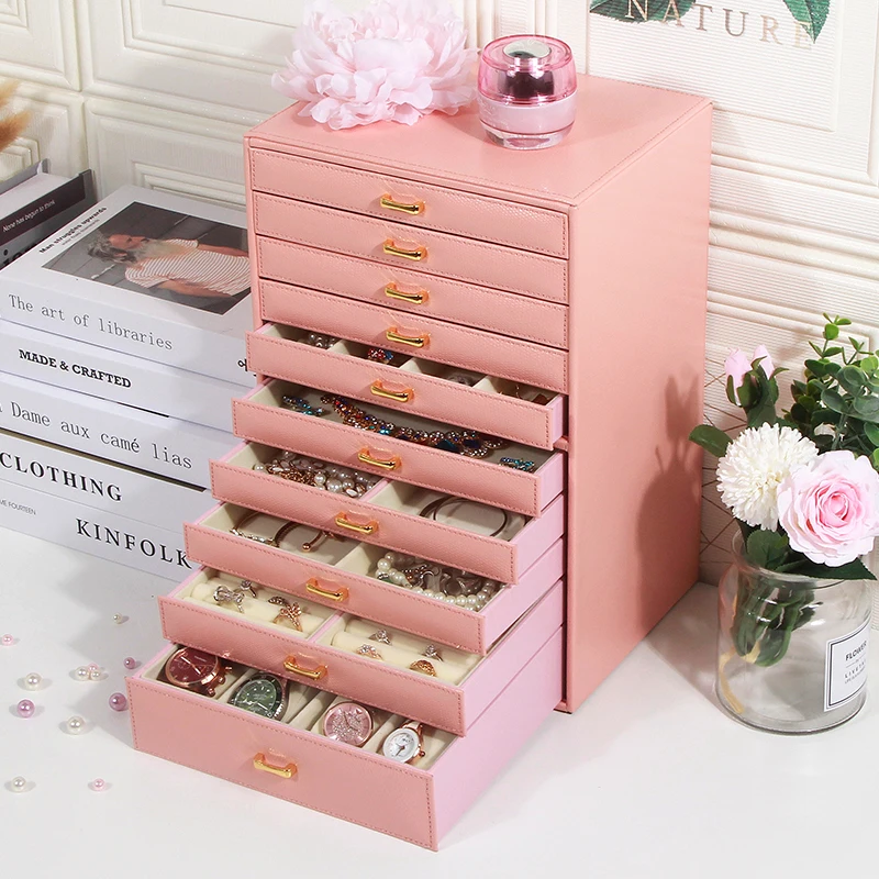 Luxury Jewelry Box Large Capacity 10 Layers Genuine Leather Lady Jewelry Storage Box Organizer for Girl Cosmetics Display Gift