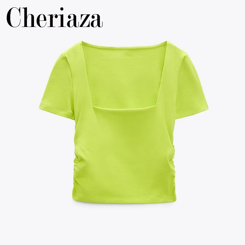 

2022Summer Women Green Square Neck Short Sleeves Leisure Solid Color Folds Decoration Navel Exposure T-shirt Female Top Mujer