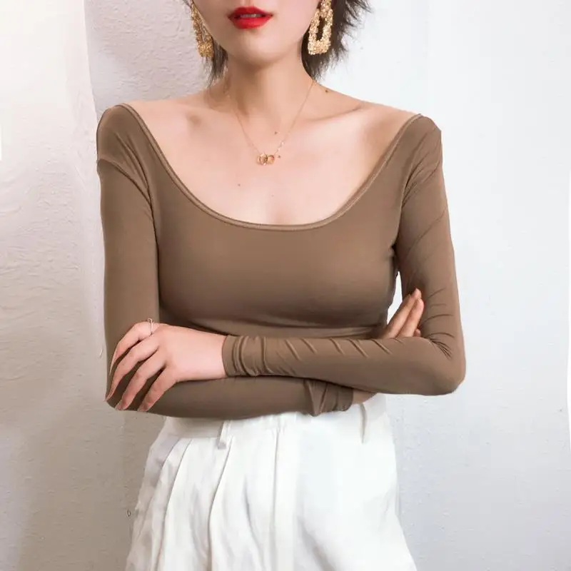 New Autumn Women Solid Color T-Shirt Burgundy Loose T-shirt Korean Low Square Collar 2023 Long Sleeve Spring Thin Tops T131