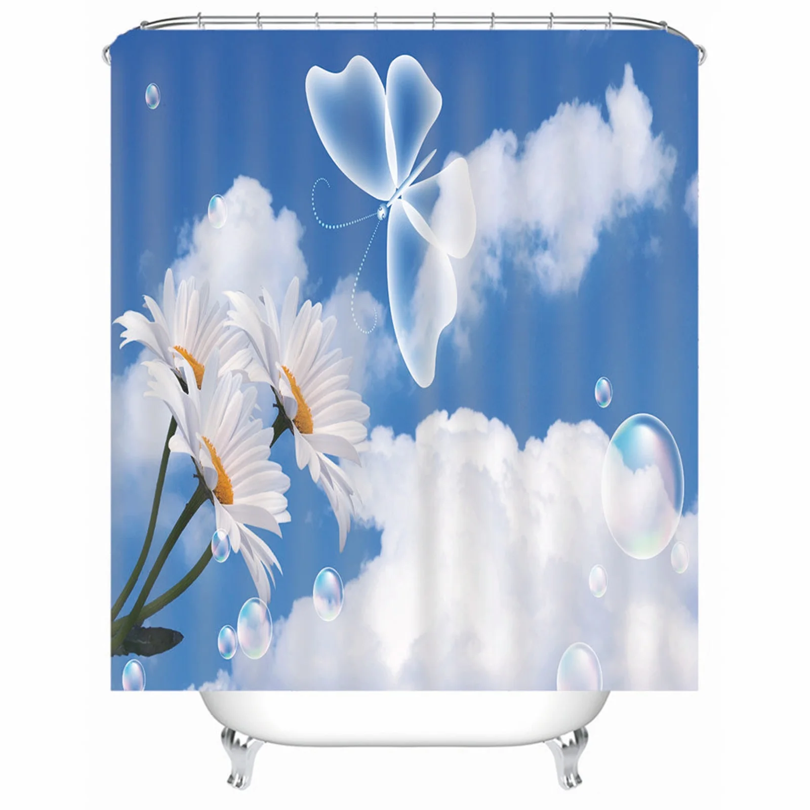 

Shower Curtain Farmhouse Style Polyester Sky Sunflower Butterfly Bubble Blue Mildew Resistant Waterproof With Grommets Hooks