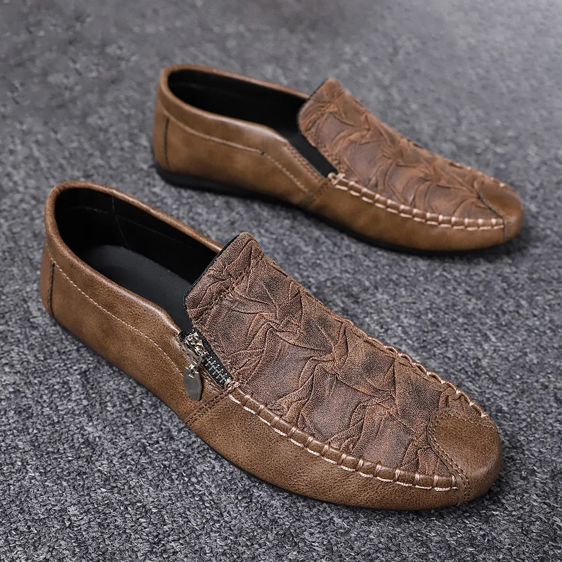 

Autumn Men Casual Shoes Genuine Leather Loafers Male Zip Flats Driving Shoes Soft Massage Moccasins Footwear Slip-On Boat Shoes