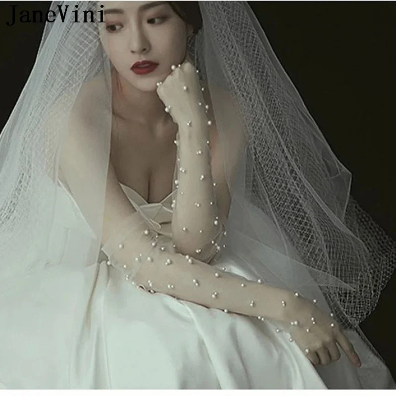 

JaneVini Luxury Long Bridal Gloves with Pearls 50CM White Mesh Women Gloves Elegant Sheer Tulle Sexy See Through Wedding Gloves