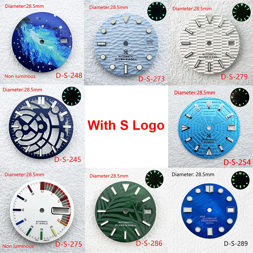 

28.5mm S Logo Wave Mechanical Dial Fit NH35 Movement Green Luminous Watch Modification Accessories Logo Customization