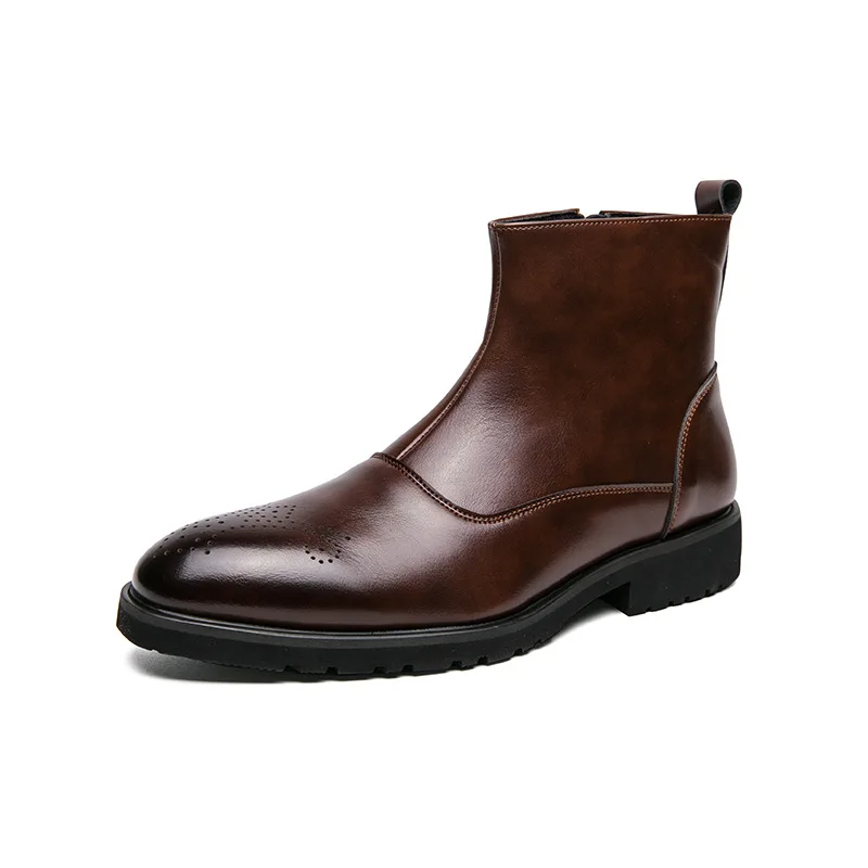 

New Autumn Winter Pointed Toe Men's Chelsea Boots Fashion Brown Zip Formal Boots Men Waterproof Leather High-top Dress Shoes Man