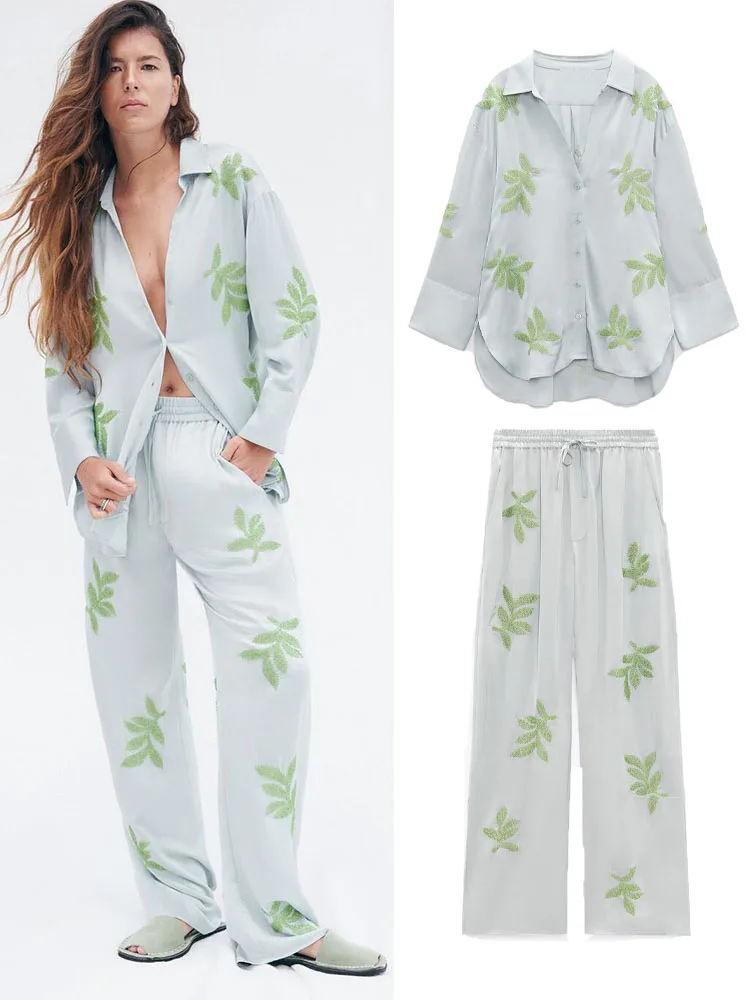 

Summer new women's lapel satin texture embroidery embroidered shirt and leaf embroidery embroidered high waist wide leg trousers