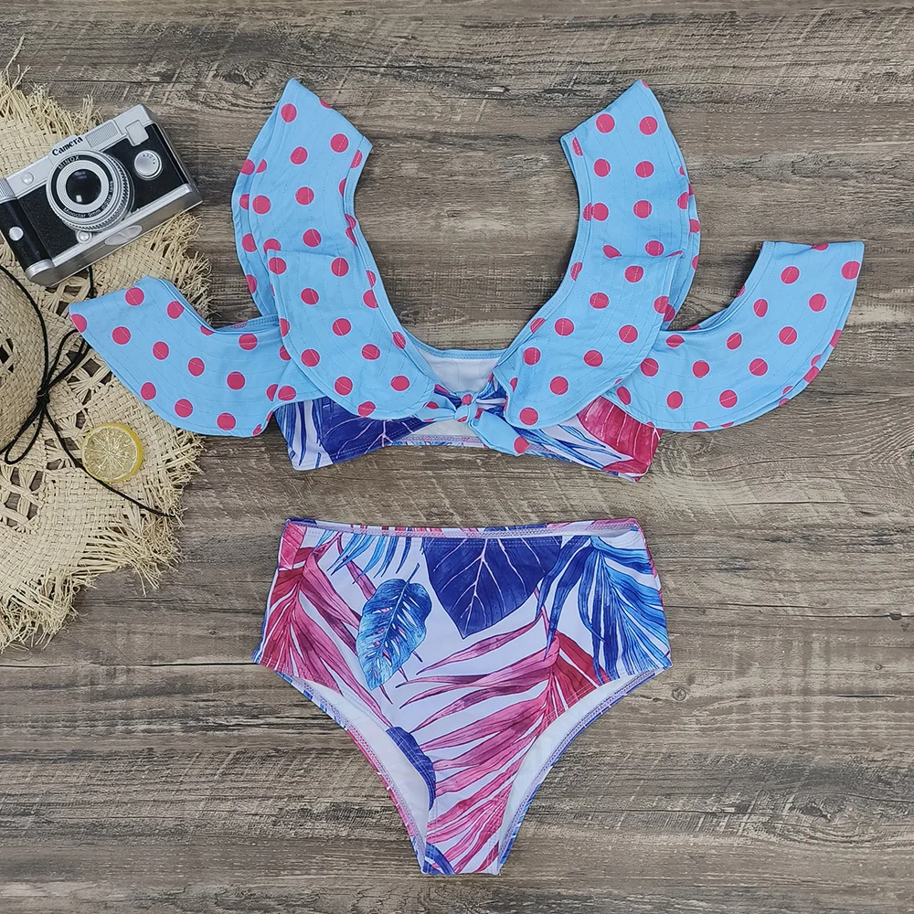 

2023 New Double Layer Ruffled High Waist Bikini Swimsuit Women's Split Polka Dot Splice