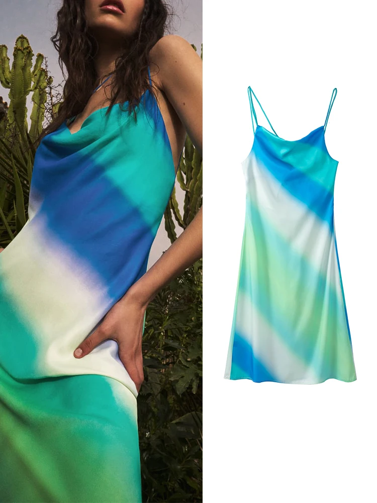 

TFMLN Summer Wome Tie Dye Strap Dresses 2022 A-line Elegant Bandage Dress Sleeveless Backless Female Mid-Calf Outwear