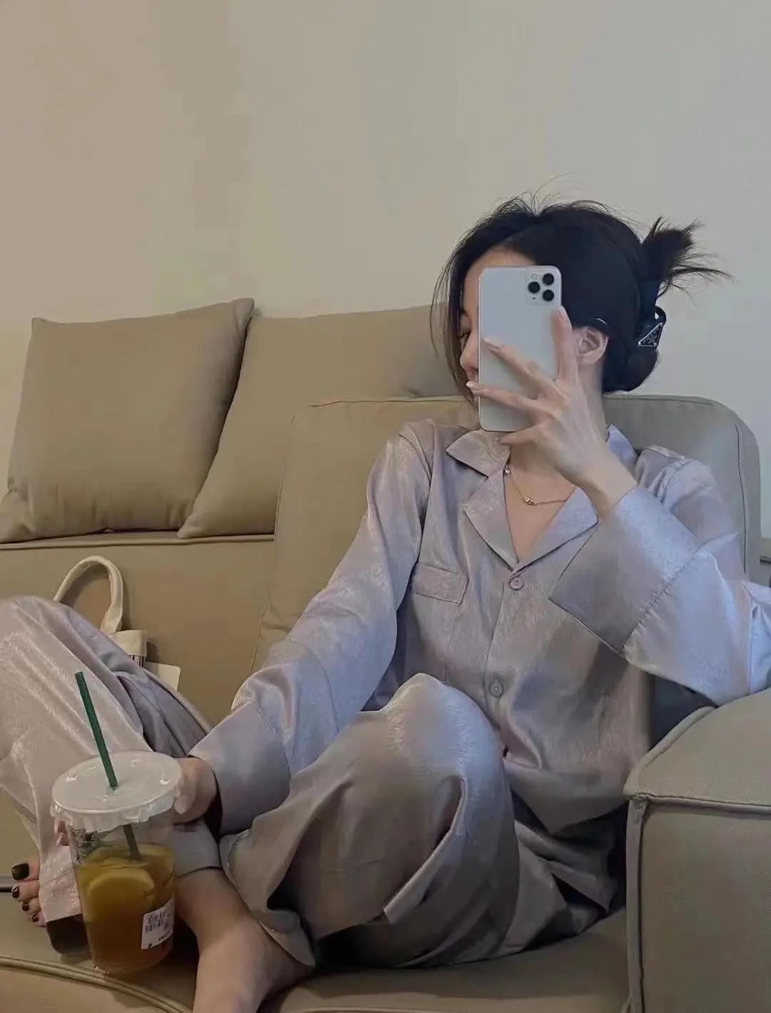 1 Ice Silk Pajamas Women Spring and Autumn Long Sleeve Thin Relaxed Simple Homewear Women Silk Outwear Set Summer