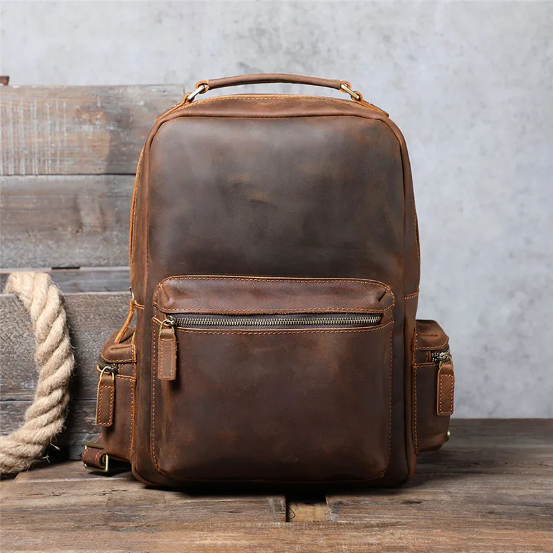 Vintage crazy horse cowhide men's backpack casual simple travel organizer genuine leather large capacity womne's laptop bagpack