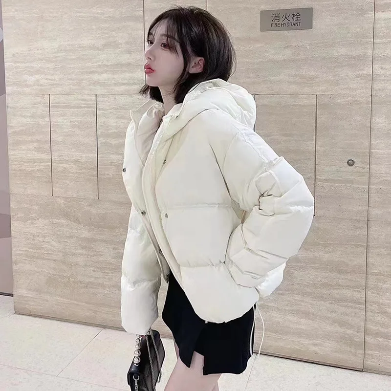Down Jacket Women's Winter Solid Colour Flower Bud Hat Thickening Warm White Duck Down Hooded Cotton Jacket Hundred with Jacket