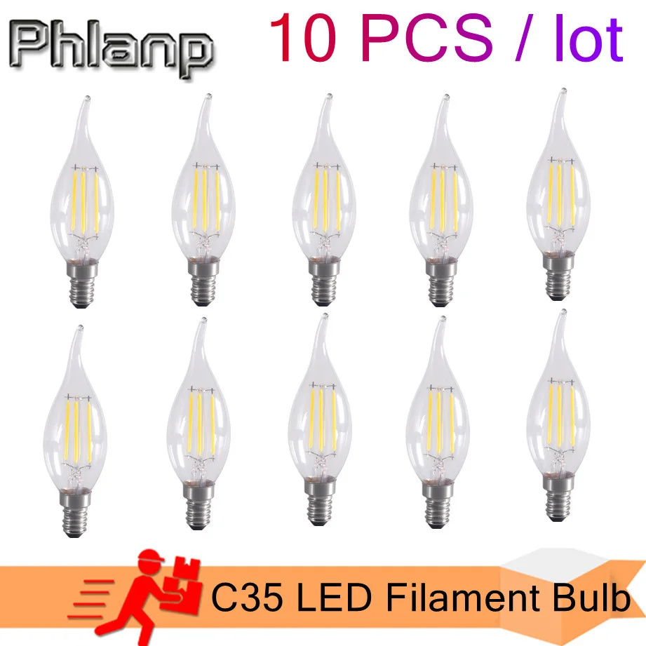 

10 pcs/lots C35 E14 LED Light Lamp Bulbs 2W 4W 6W Candle Incandescent Lighting AC 220V Edison Filament Bulb Chandelier For Home
