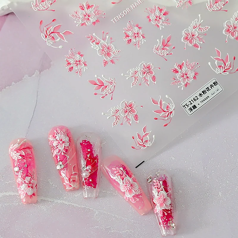 

1 Sheet 5D Realistic Relief Beauty White Edge Pink Gouache Blossoming Flowers Adhesive Nail Art Stickers Decals Manicure Charms