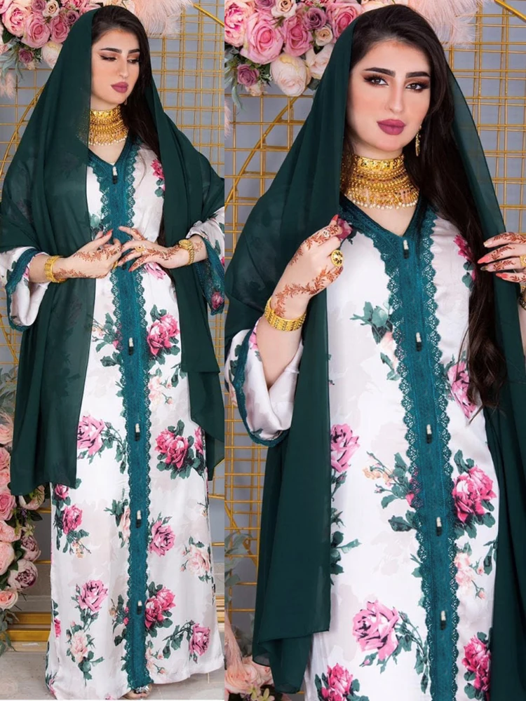 Женское платье с цветочным принтом Jalabiya, Дубайский Саудовский стиль, женское платье для вечевечерние, арабское платье, мусульманская абайя ...