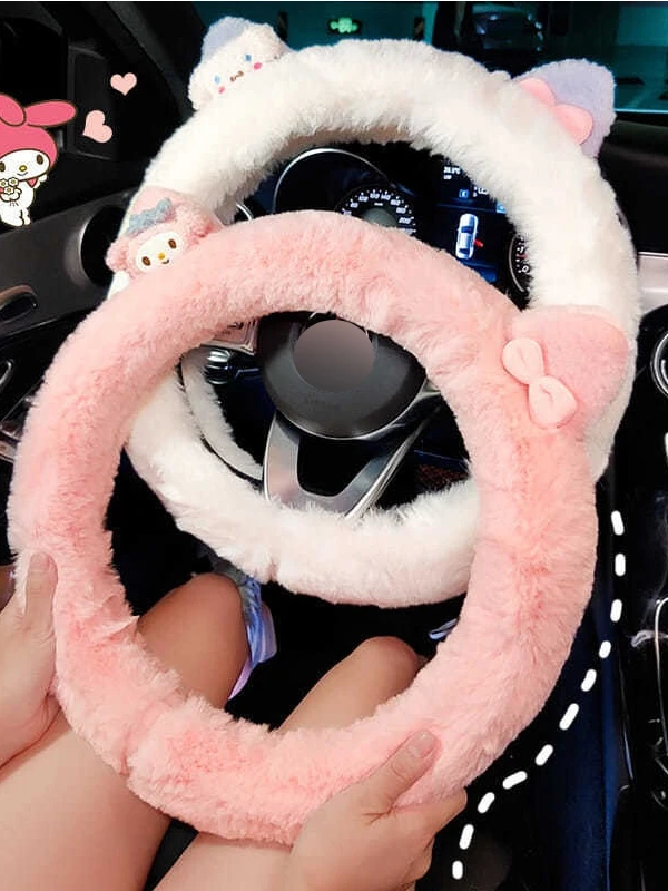 

Car Steering Wheel Cover for Girls Female Winter Plush Cute Pink Cartoon Interior Furry Decoration 38cm Warmth Handle Cover
