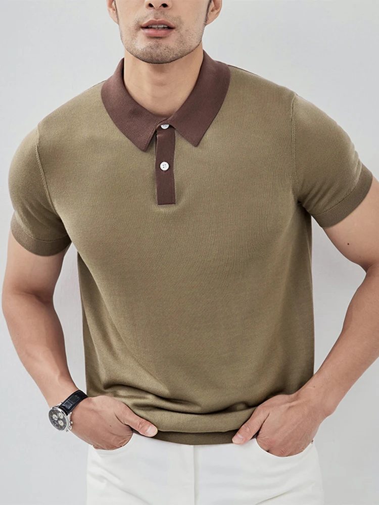 

Daily Casual Mens Polo Shirts Knitted Short Sleeve Buttoned Lapel Tops Summer Leisure Mens Clothes Fashion Patchwork Knit Polos